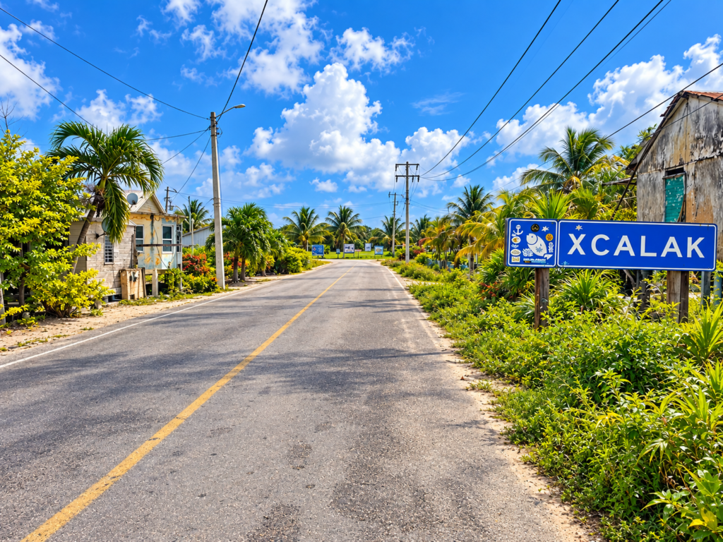 Welcome sign at the entrance to Xcalak, Mexico, the gateway to world-class saltwater fly fishing in Quintana Roo.